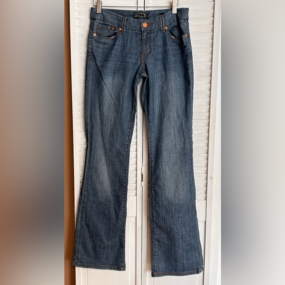 Seven7 Womens waist size 28 long tall Bootcut stretch blue jeans rustic wash